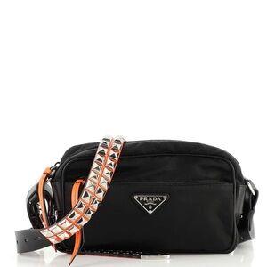 ISO Prada Tessuto Vela Studded Black Crossbody Bag with Orange Leather studded